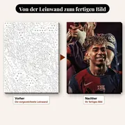 Malen nach Zahlen Lamine Yamal mit Fingerrahmen auf dunklem Hintergrund – vorher und nachher: vorgezeichnete Leinwand und fertiges Gemälde