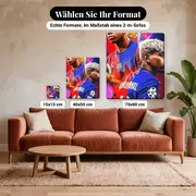 Malen nach Zahlen Barcelona: Lamine Yamal Nummer 10 in Gold, Pop-Art – verfügbare Formate im Größenvergleich zu einem Sofa