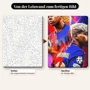 Malen nach Zahlen Barcelona: Lamine Yamal Nummer 10 in Gold, Pop-Art – vorher und nachher: vorgezeichnete Leinwand und fertiges Gemälde