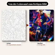 Malen nach Zahlen Lamine Yamal mit Ball am Fuß und beleuchtetem Stadion – vorher und nachher: vorgezeichnete Leinwand und fertiges Gemälde