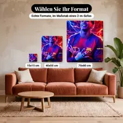 Malen nach Zahlen Lamine Yamal umgeben von blauen und roten Blitzen – verfügbare Formate im Größenvergleich zu einem Sofa