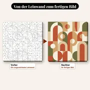 Malen nach Zahlen abstraktes geometrisches Retro-Motiv – vorher und nachher: vorgezeichnete Leinwand und fertiges Gemälde