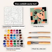 Malen nach Zahlen geometrisches Frauenporträt – Set-Inhalt: vorgezeichnete Leinwand, Farben, Pinsel
