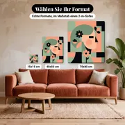 Malen nach Zahlen geometrisches Frauenporträt – verfügbare Formate im Größenvergleich zu einem Sofa