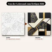 Malen nach Zahlen marmoriertes Motiv in Schwarz und Gold – vorher und nachher: vorgezeichnete Leinwand und fertiges Gemälde