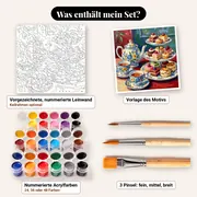Malen nach Zahlen Teeservice und Gebäck – Set-Inhalt: vorgezeichnete Leinwand, Farben, Pinsel