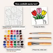 Malen nach Zahlen drei Tulpen in weißer Vase – Set-Inhalt: vorgezeichnete Leinwand, Farben, Pinsel