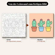 Malen nach Zahlen Pflanzen: drei lächelnde Kakteen in bunten Töpfen – vorher und nachher: vorgezeichnete Leinwand und fertiges Gemälde