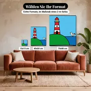Malen nach Zahlen rot-weißer Leuchtturm mit Möwe – verfügbare Formate im Größenvergleich zu einem Sofa