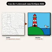 Malen nach Zahlen rot-weißer Leuchtturm mit Möwe – vorher und nachher: vorgezeichnete Leinwand und fertiges Gemälde