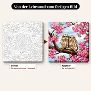 Malen nach Zahlen zwei Eulen auf einem blühenden Kirschbaum – vorher und nachher: vorgezeichnete Leinwand und fertiges Gemälde