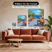 Malen nach Zahlen mediterrane Terrasse mit Zitronenbäumen – verfügbare Formate im Größenvergleich zu einem Sofa