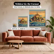 Malen nach Zahlen Mont-Saint-Michel Vintage-Poster – verfügbare Formate im Größenvergleich zu einem Sofa