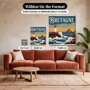 Malen nach Zahlen rot-weißer Leuchtturm Vintage-Poster Bretagne – verfügbare Formate im Größenvergleich zu einem Sofa