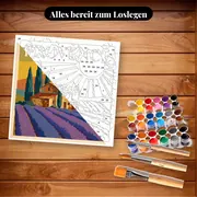Malen nach Zahlen Vintage-Poster Lavendelfelder – Set bereit zum Loslegen auf dem Tisch