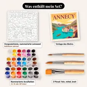 Malen nach Zahlen Vintage-Poster Annecy See und Berge – Set-Inhalt: vorgezeichnete Leinwand, Farben, Pinsel