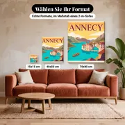 Malen nach Zahlen Vintage-Poster Annecy See und Berge – verfügbare Formate im Größenvergleich zu einem Sofa