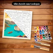 Malen nach Zahlen Vintage-Poster Annecy See und Berge – Set bereit zum Loslegen auf dem Tisch