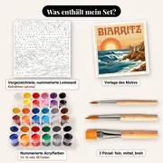 Malen nach Zahlen Vintage-Poster Biarritz Surfer – Set-Inhalt: vorgezeichnete Leinwand, Farben, Pinsel