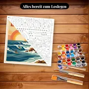 Malen nach Zahlen Vintage-Poster Biarritz Surfer – Set bereit zum Loslegen auf dem Tisch