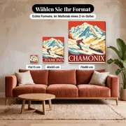 Malen nach Zahlen Eisenbahn: Vintage-Poster Skifahrer und Zug – verfügbare Formate im Größenvergleich zu einem Sofa