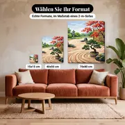 Malen nach Zahlen japanischer Garten mit rotem Ahorn und Bonsai – verfügbare Formate im Größenvergleich zu einem Sofa