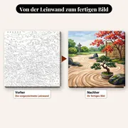 Malen nach Zahlen japanischer Garten mit rotem Ahorn und Bonsai – vorher und nachher: vorgezeichnete Leinwand und fertiges Gemälde