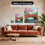Malen nach Zahlen rote japanische Brücke und Koi-Karpfen – verfügbare Formate im Größenvergleich zu einem Sofa