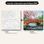 Malen nach Zahlen rote japanische Brücke und Koi-Karpfen – vorher und nachher: vorgezeichnete Leinwand und fertiges Gemälde