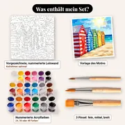Malen nach Zahlen bunte Strandhütten am Sand – Set-Inhalt: vorgezeichnete Leinwand, Farben, Pinsel