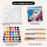 Malen nach Zahlen griechisches Dorf mit blauen Kuppeln und Bougainvilleen – Set-Inhalt: vorgezeichnete Leinwand, Farben, Pinsel