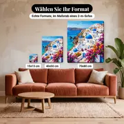 Malen nach Zahlen griechisches Dorf mit blauen Kuppeln und Bougainvilleen – verfügbare Formate im Größenvergleich zu einem Sofa