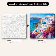 Malen nach Zahlen griechisches Dorf mit blauen Kuppeln und Bougainvilleen – vorher und nachher: vorgezeichnete Leinwand und fertiges Gemälde