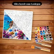 Malen nach Zahlen griechisches Dorf mit blauen Kuppeln und Bougainvilleen – Set bereit zum Loslegen auf dem Tisch