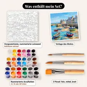 Malen nach Zahlen bunte Boote in einem bretonischen Hafen – Set-Inhalt: vorgezeichnete Leinwand, Farben, Pinsel