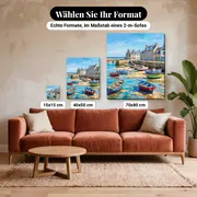 Malen nach Zahlen bunte Boote in einem bretonischen Hafen – verfügbare Formate im Größenvergleich zu einem Sofa