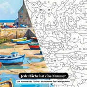 Malen nach Zahlen bunte Boote in einem bretonischen Hafen – Nahaufnahme der nummerierten Leinwand