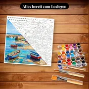 Malen nach Zahlen bunte Boote in einem bretonischen Hafen – Set bereit zum Loslegen auf dem Tisch