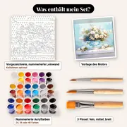 Malen nach Zahlen weißer Blumenstrauß in blauer Vase – Set-Inhalt: vorgezeichnete Leinwand, Farben, Pinsel