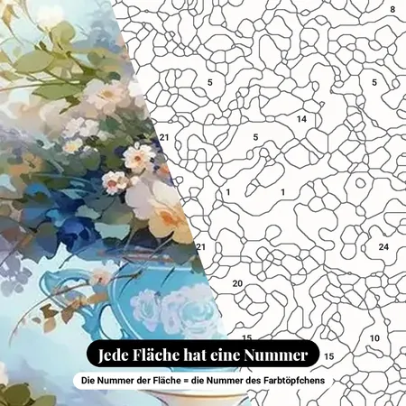 Malen nach Zahlen weißer Blumenstrauß in blauer Vase – nummerierte Leinwand zum Malen