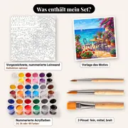 Malen nach Zahlen Blumenterrasse mit Meerblick – Set-Inhalt: vorgezeichnete Leinwand, Farben, Pinsel