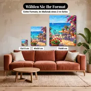 Malen nach Zahlen Blumenterrasse mit Meerblick – verfügbare Formate im Größenvergleich zu einem Sofa