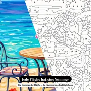 Malen nach Zahlen Blumenterrasse mit Meerblick – Nahaufnahme der nummerierten Leinwand