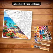 Malen nach Zahlen Blumenterrasse mit Meerblick – Set bereit zum Loslegen auf dem Tisch