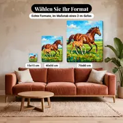 Malen nach Zahlen Stute und Fohlen auf einer Blumenwiese – verfügbare Formate im Größenvergleich zu einem Sofa