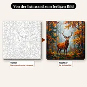 Malen nach Zahlen Hirsch – Rothirsch im Herbstwald auf Leinen – vorher und nachher: vorgezeichnete Leinwand und fertiges Gemälde