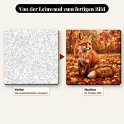 Malen nach Zahlen Waldtiere: Rotfuchs im Herbstlaub – vorher und nachher: vorgezeichnete Leinwand und fertiges Gemälde