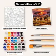 Malen nach Zahlen Elefantenherde bei Sonnenuntergang – Set-Inhalt: vorgezeichnete Leinwand, Farben, Pinsel