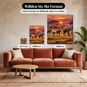 Malen nach Zahlen Elefantenherde bei Sonnenuntergang – verfügbare Formate im Größenvergleich zu einem Sofa