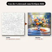 Malen nach Zahlen Blumenstrauß vor dem Fenster – vorher und nachher: vorgezeichnete Leinwand und fertiges Gemälde